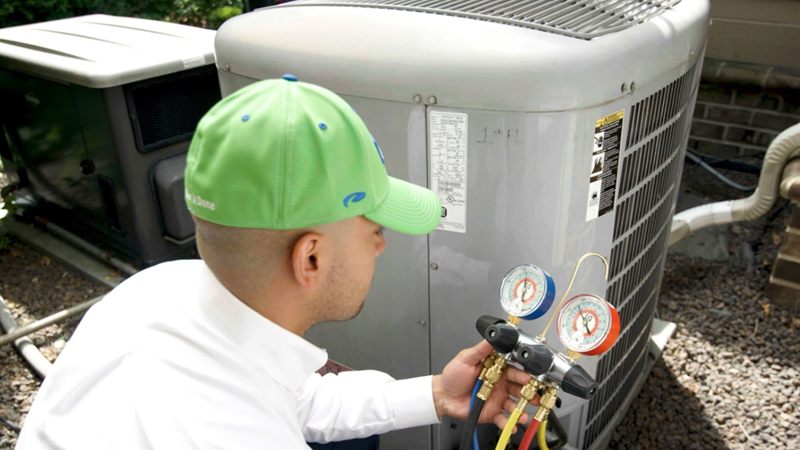 ABC technician servicing an outdoor air conditioning condenser during a maintenance visit