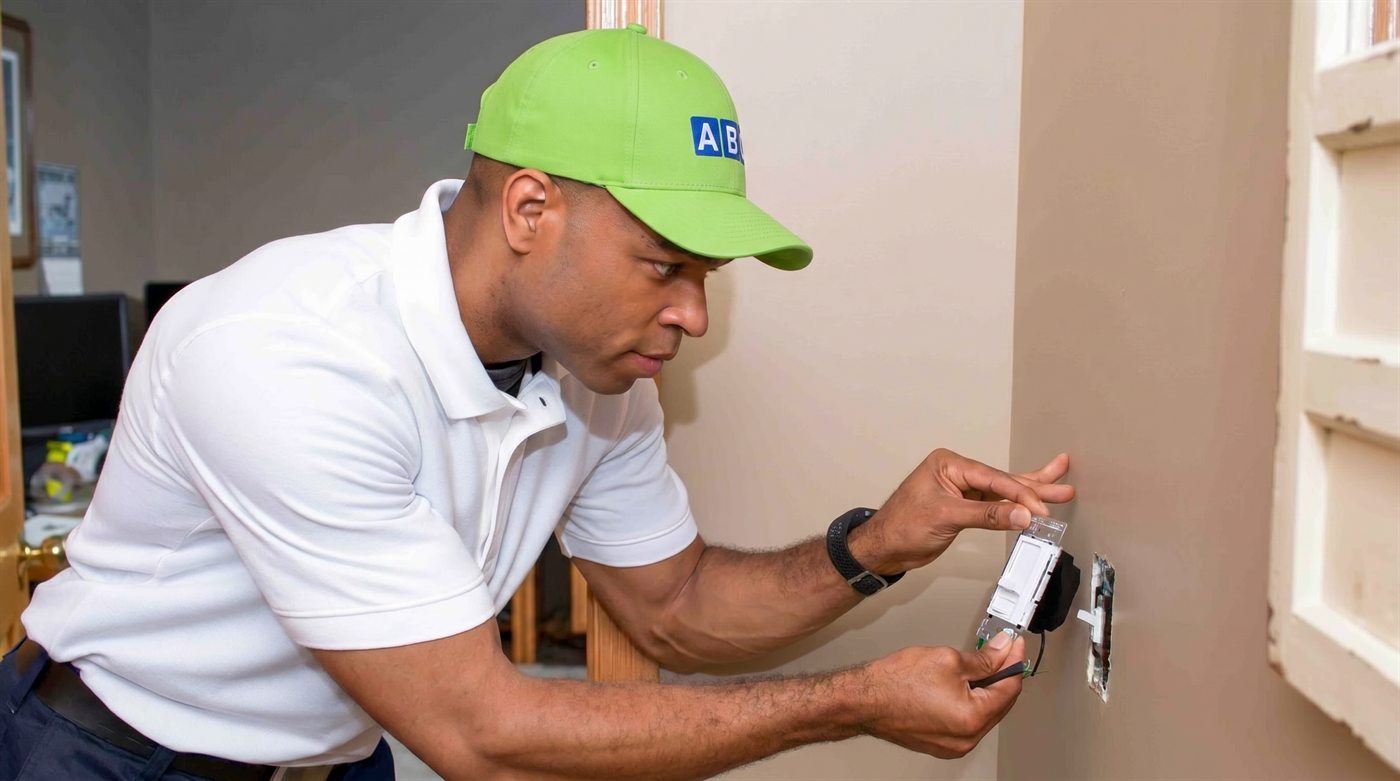 ABC electrician repairing a wall outlet