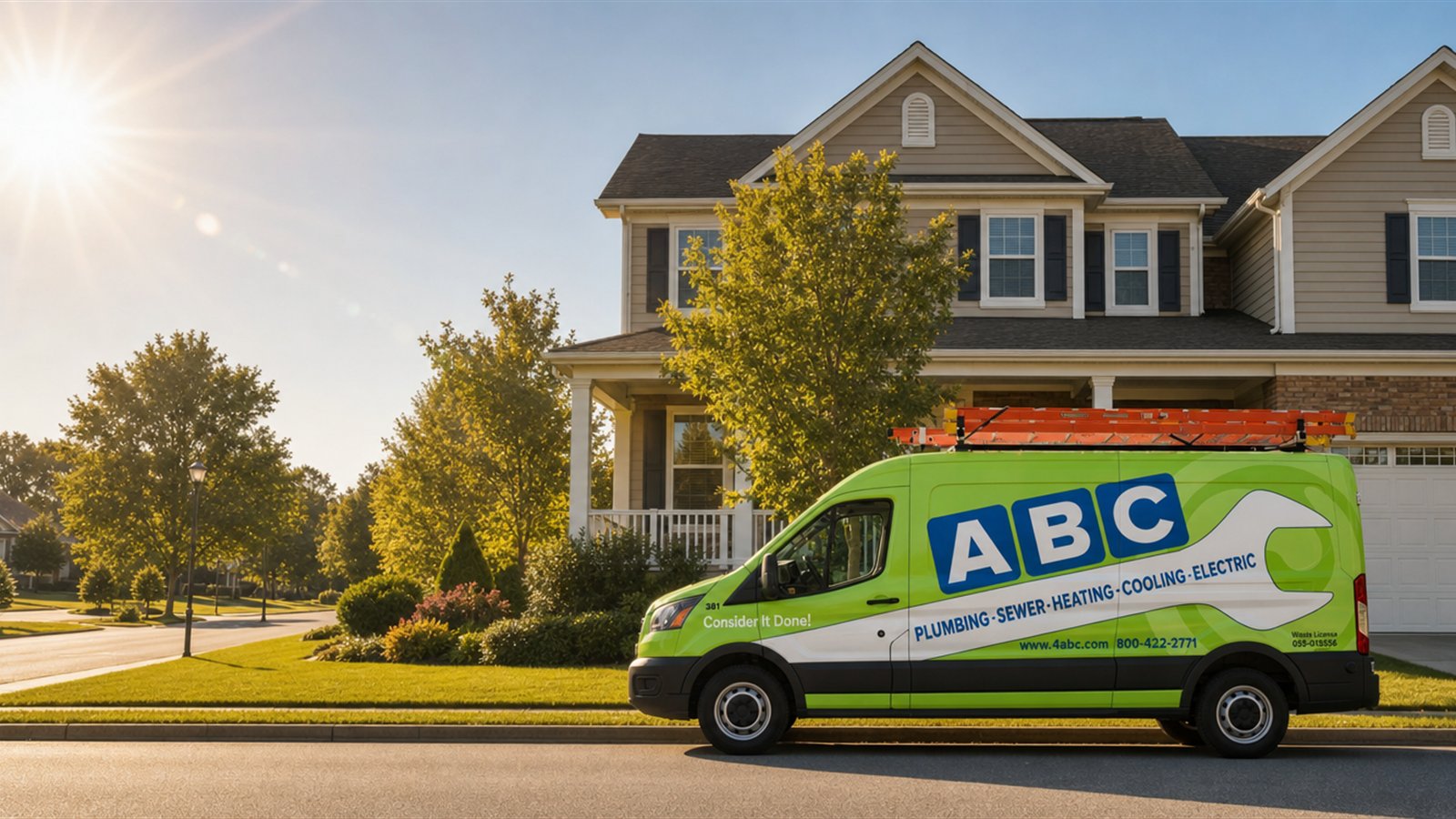 ABC Plumbing, Sewer, Heating, Cooling & Electric service van parked on the street outside a Chicagoland home
