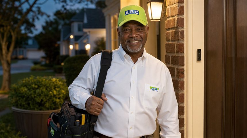 ABC plumbing technician in a green uniform arriving at a home for a 24/7 emergency call