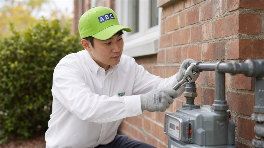 ABC plumbing technician in a green uniform servicing a residential gas line and meter