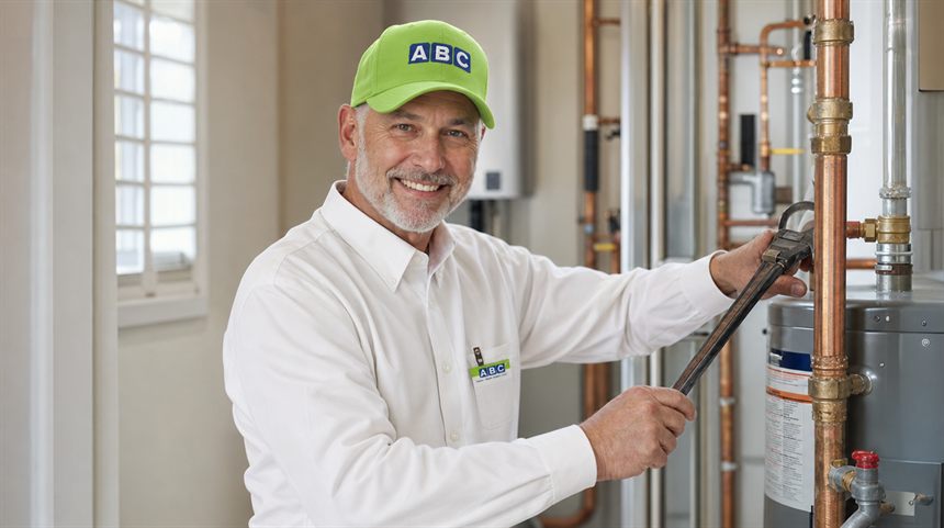 ABC plumbing technician in a green uniform repairing a copper water pipe