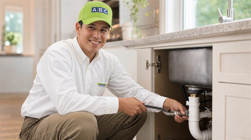 ABC plumbing technician in a green uniform repairing the pipes under a kitchen sink
