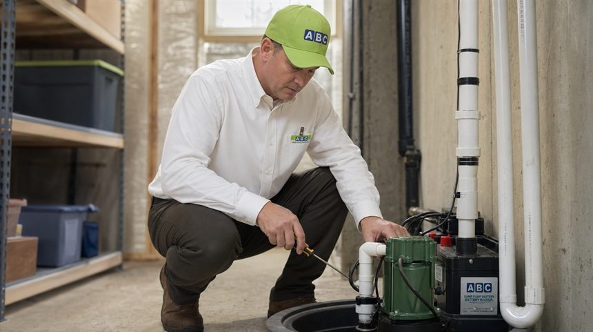 ABC plumbing technician in a green uniform servicing a basement sump pump and battery backup