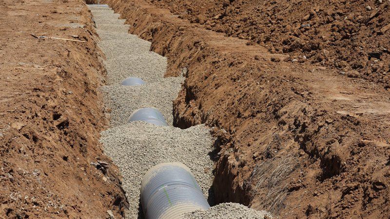 New sewer pipe being installed in an open trench